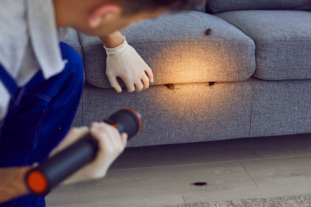 A man in blue overalls uses a vacuum to clean a couch for a pest control service in Renton, WA.